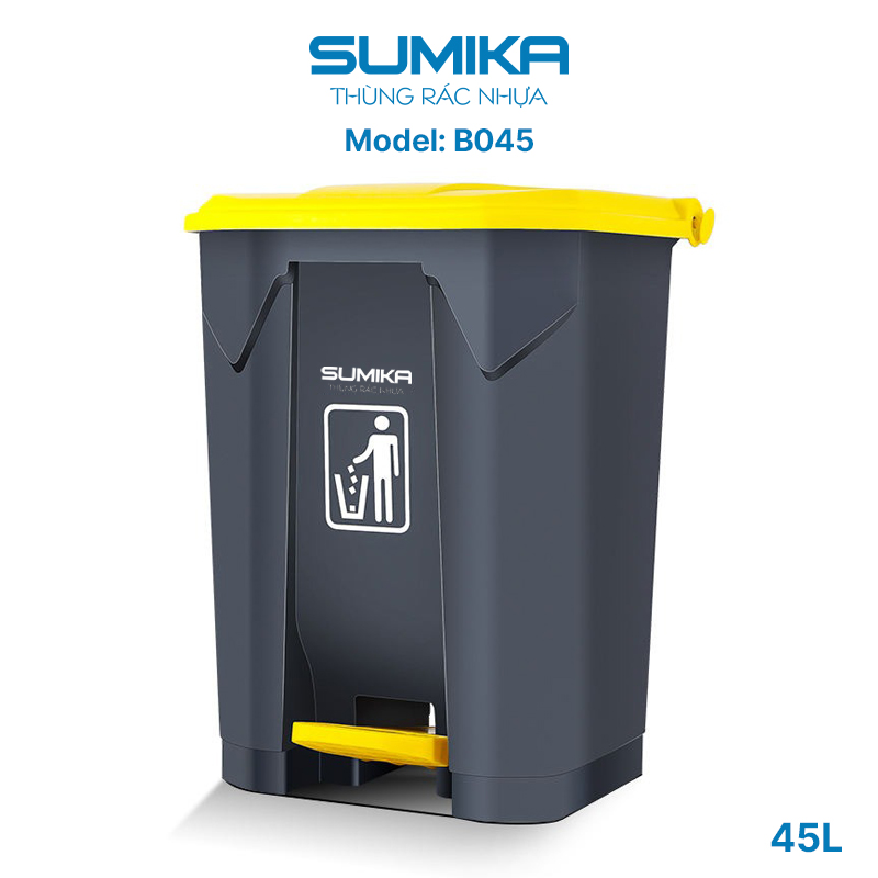 Thùng rác nhựa gia đình SUMIKA B045, dung tích 45L (Grey-Yellow)