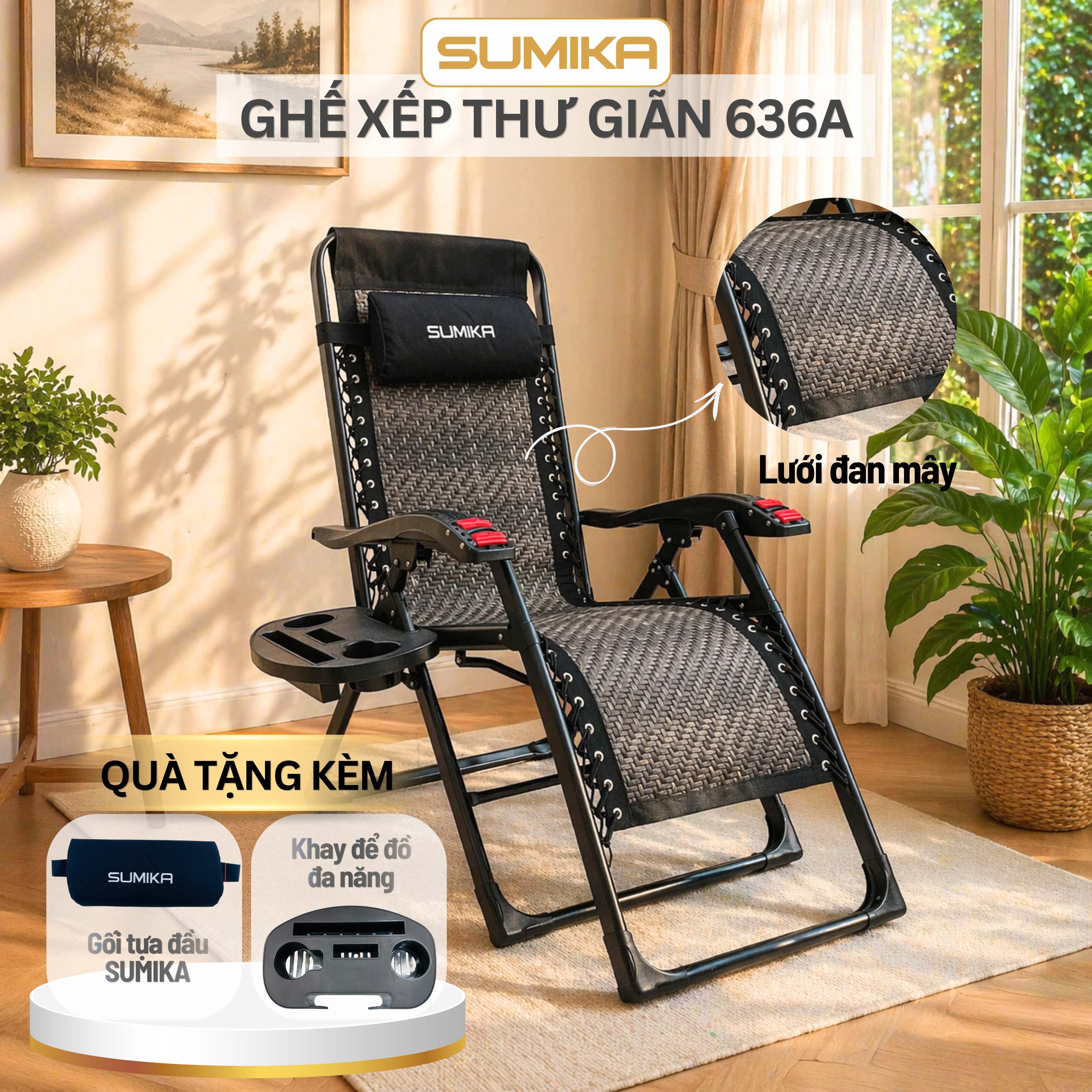 Ghế xếp thư giãn SUMIKA 636A, lưới vân mây đan thoáng mát