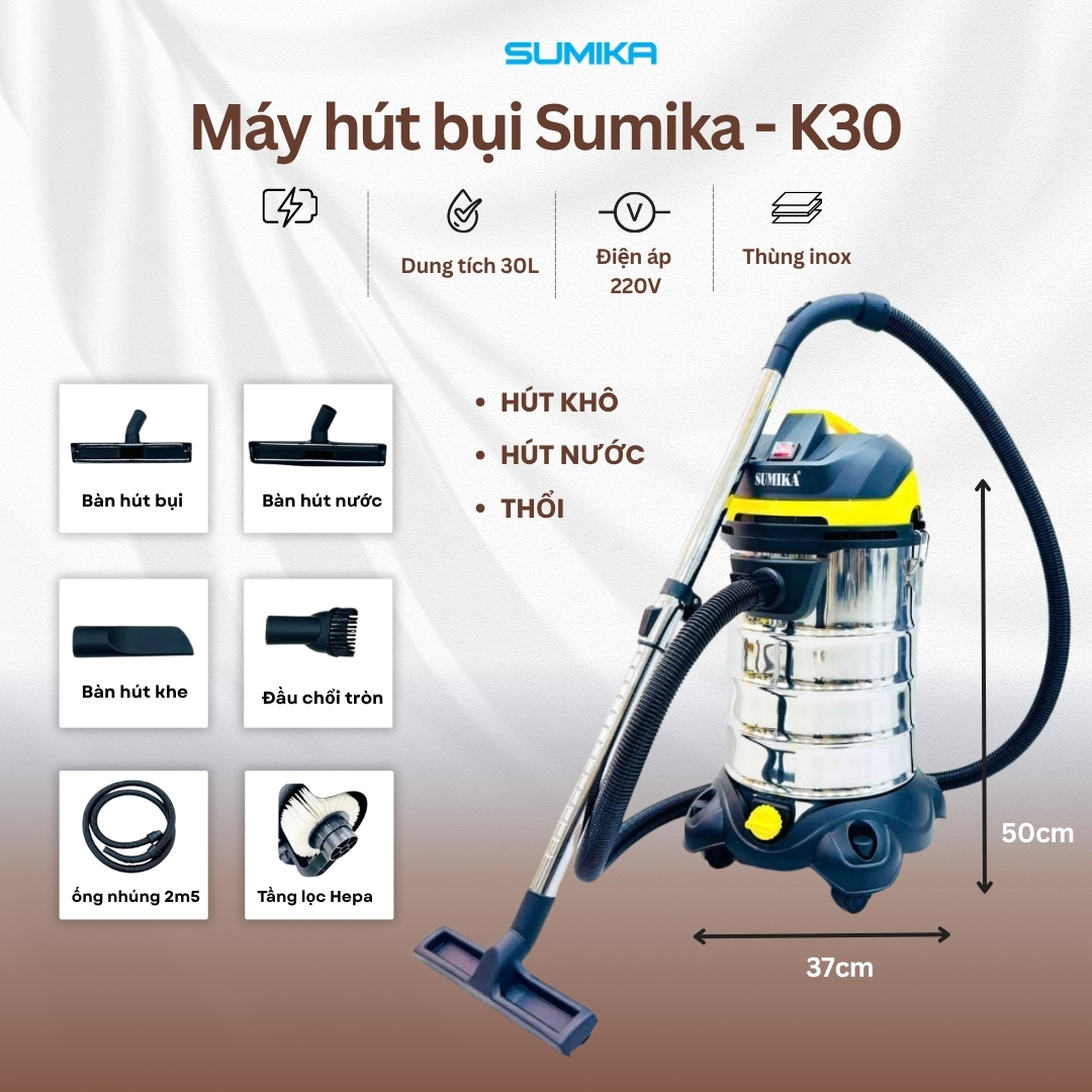 Máy hút bụi đa năng Sumika K30, 1800W, thùng chứa 30L, lọc HEPA