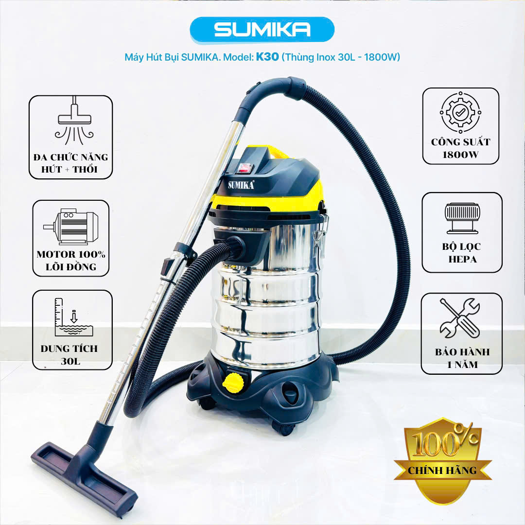 Máy hút bụi đa năng Sumika K30, 1800W, thùng chứa 30L, lọc HEPA