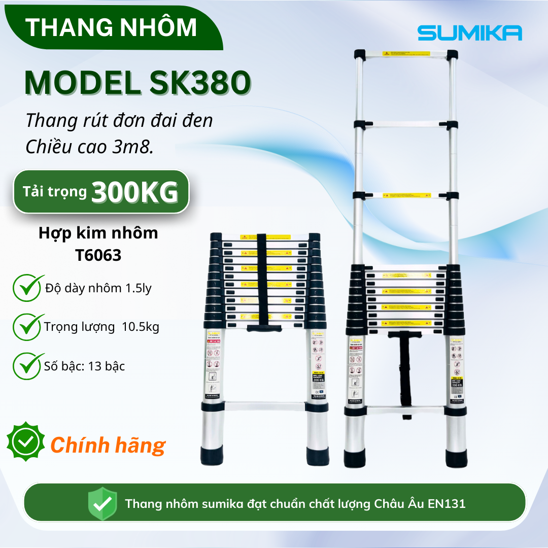 Thang rút nhôm Sumika SK380, đai đen, chiều cao 3.8m