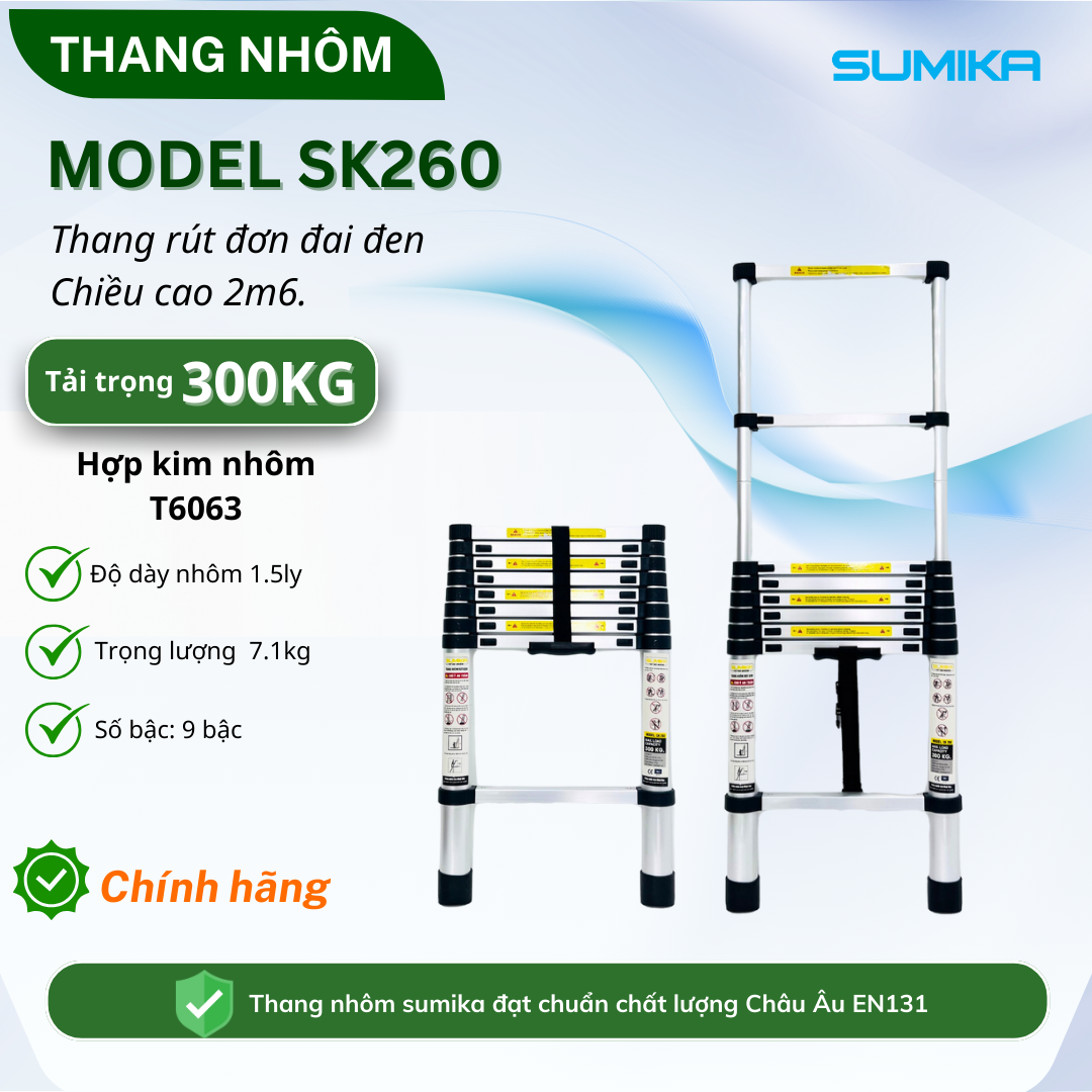 Thang rút nhôm Sumika SK260, đai đen, chiều cao 2.6m