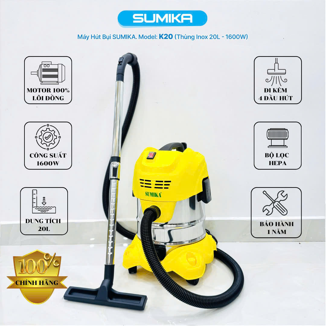 Máy hút bụi gia đình Sumika K20, 1600W, thùng chứa 20L, lọc HEPA