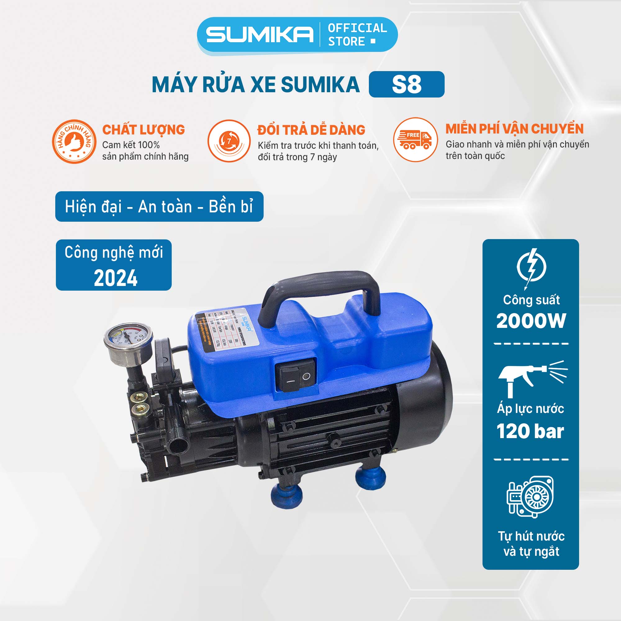 Máy rửa xe gia đình SUMIKA S8, 2000W, 100% lõi đồng (Blue)