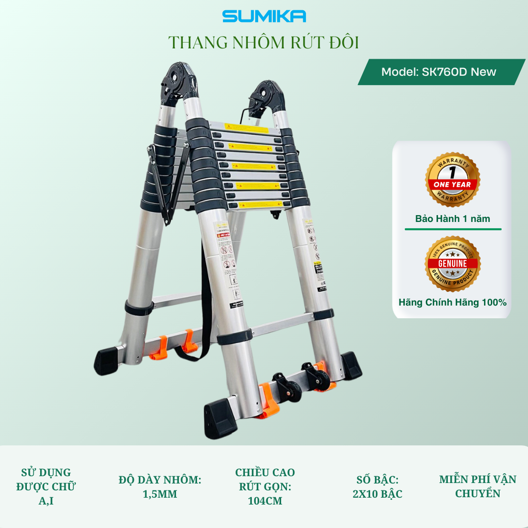 Thang nhôm rút đôi SUMIKA SK760D NEW, chiều cao 3.8m+3.8m