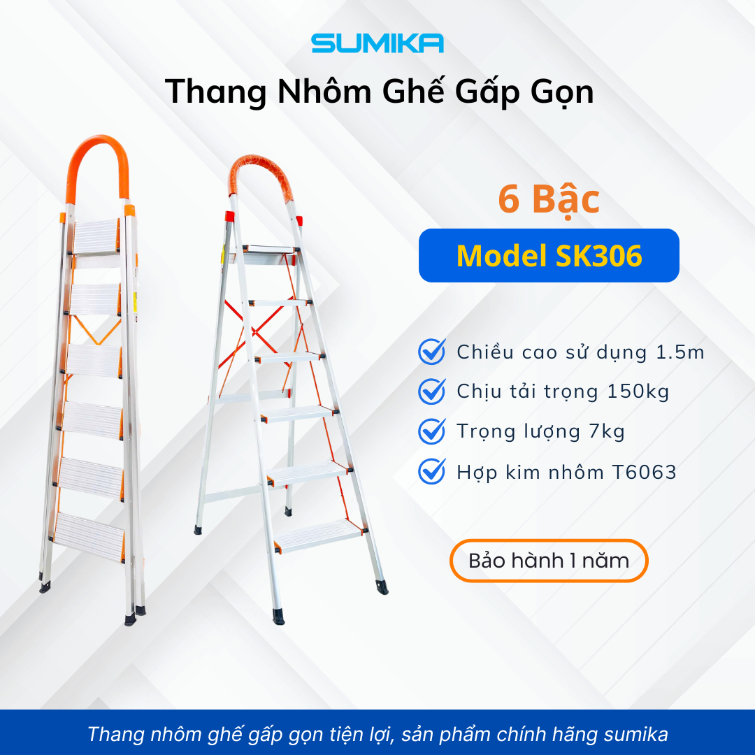 Thang nhôm ghế 6 bậc SUMIKA SK306, chiều cao 1.5m, tải trọng 150kg