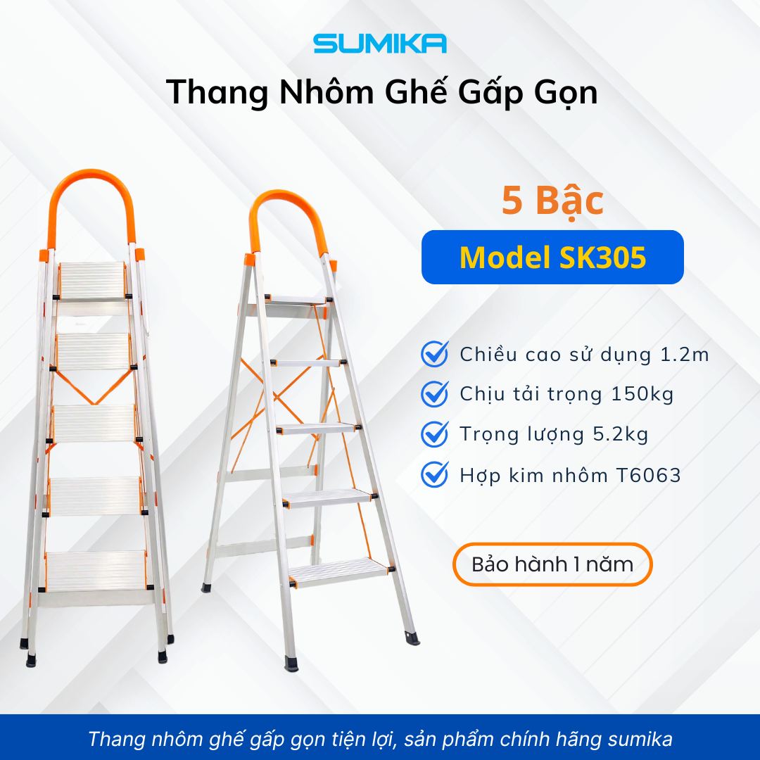 Thang nhôm ghế 5 bậc SUMIKA SK305, chiều cao 1.2m, tải trọng 150kg