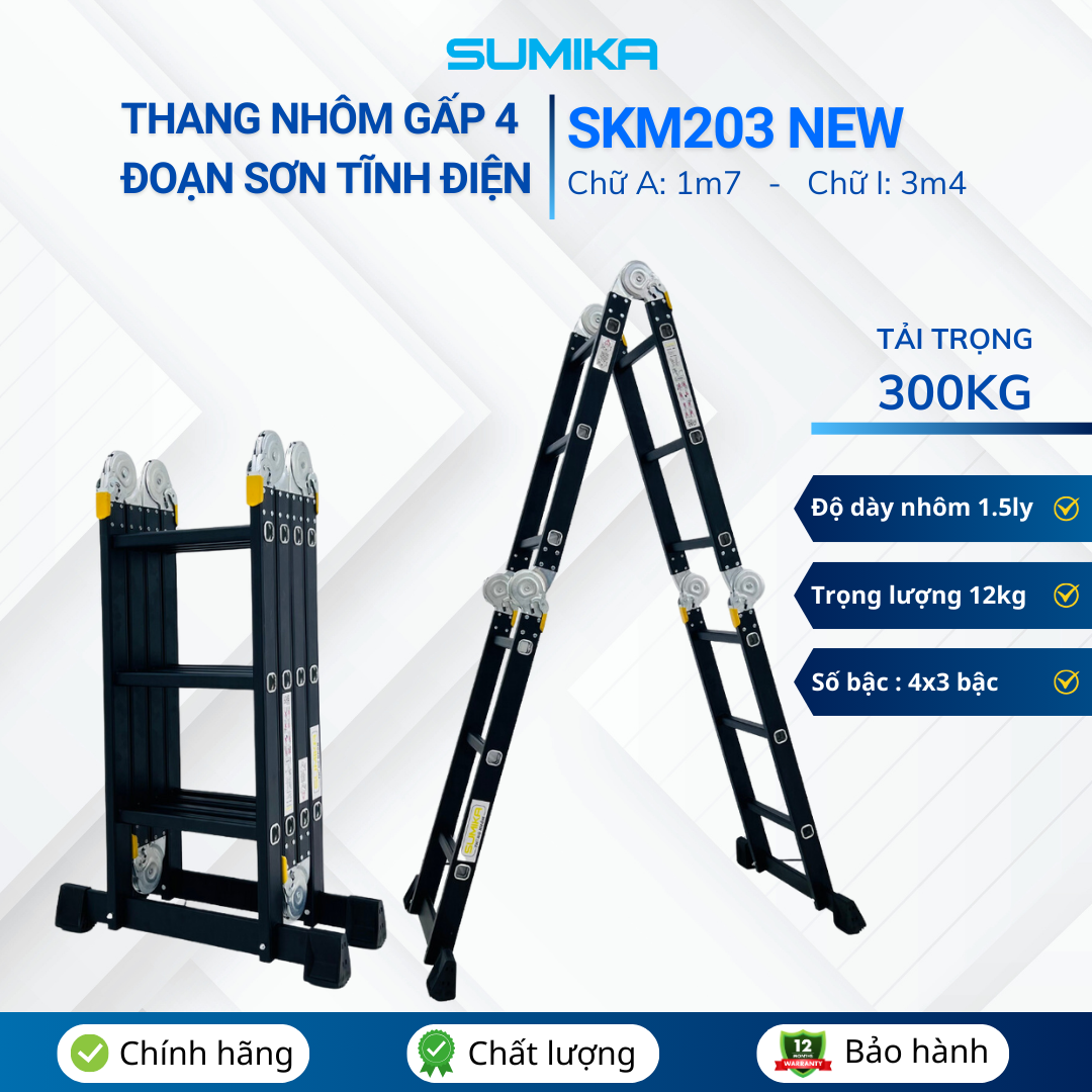 Thang nhôm gấp 4 đoạn Sumika SKM203 NEW, chữ A cao 1.73m, chữ I cao 3.58m