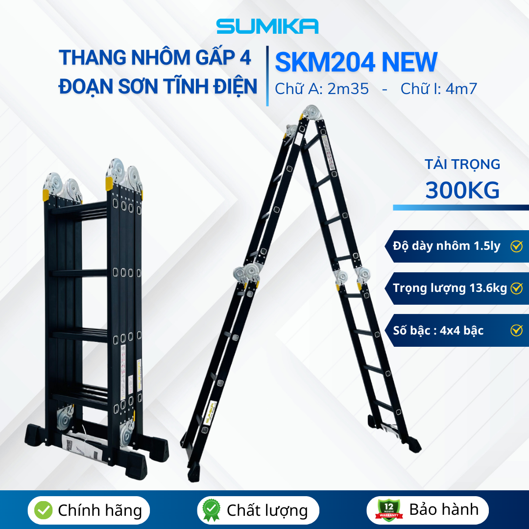 Thang nhôm gấp 4 đoạn Sumika SKM204 NEW, chữ A cao 2.26m, chữ I cao 4.7m