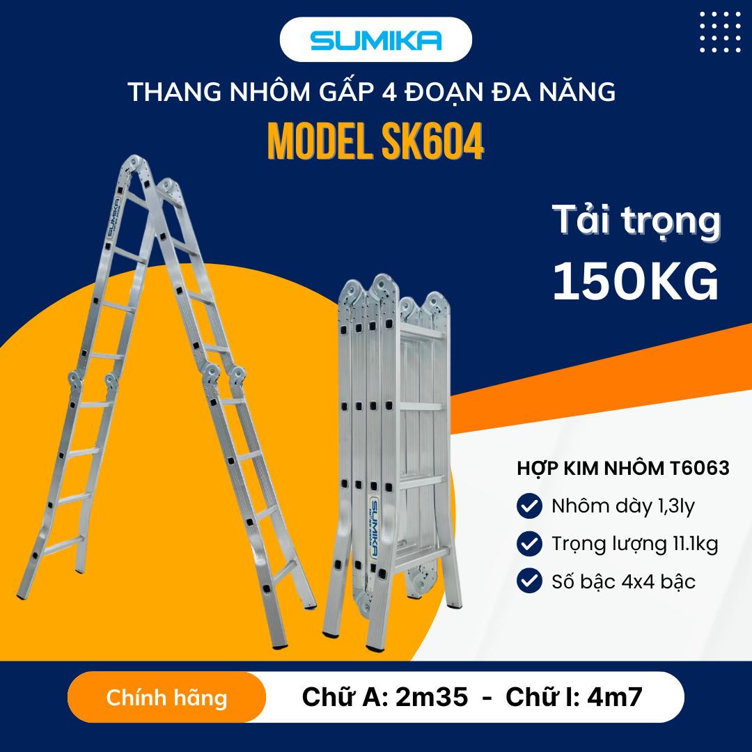 Thang nhôm xếp 4 đoạn SUMIKA SK604, chữ A cao 2.35m, chữ I cao 4.7m