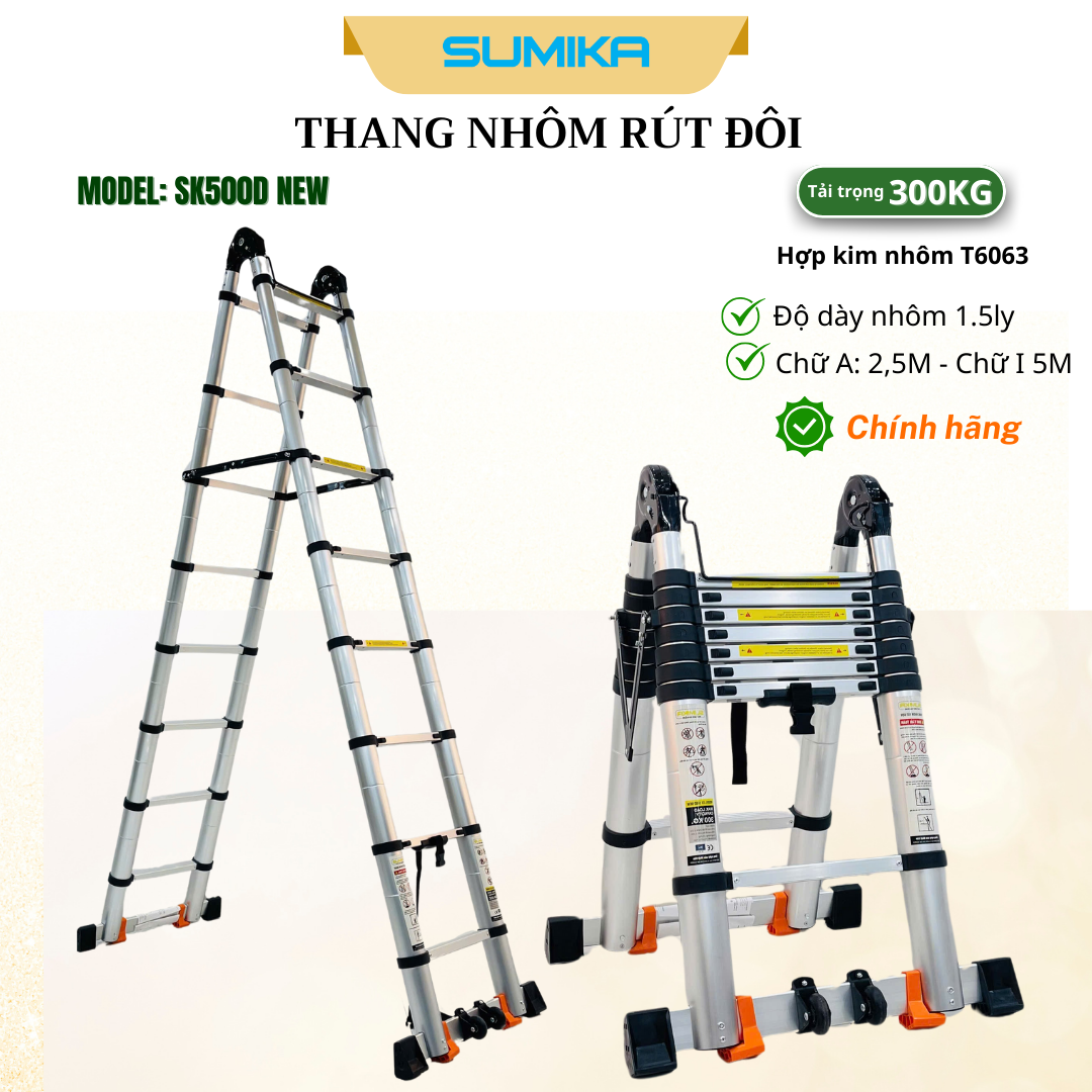 Thang nhôm rút đôi SUMIKA SK500D NEW, chiều cao 2.5m+2.5m