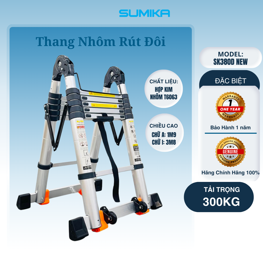 Thang nhôm rút đôi SUMIKA SK380D NEW, chiều cao 1.9m+1.9m