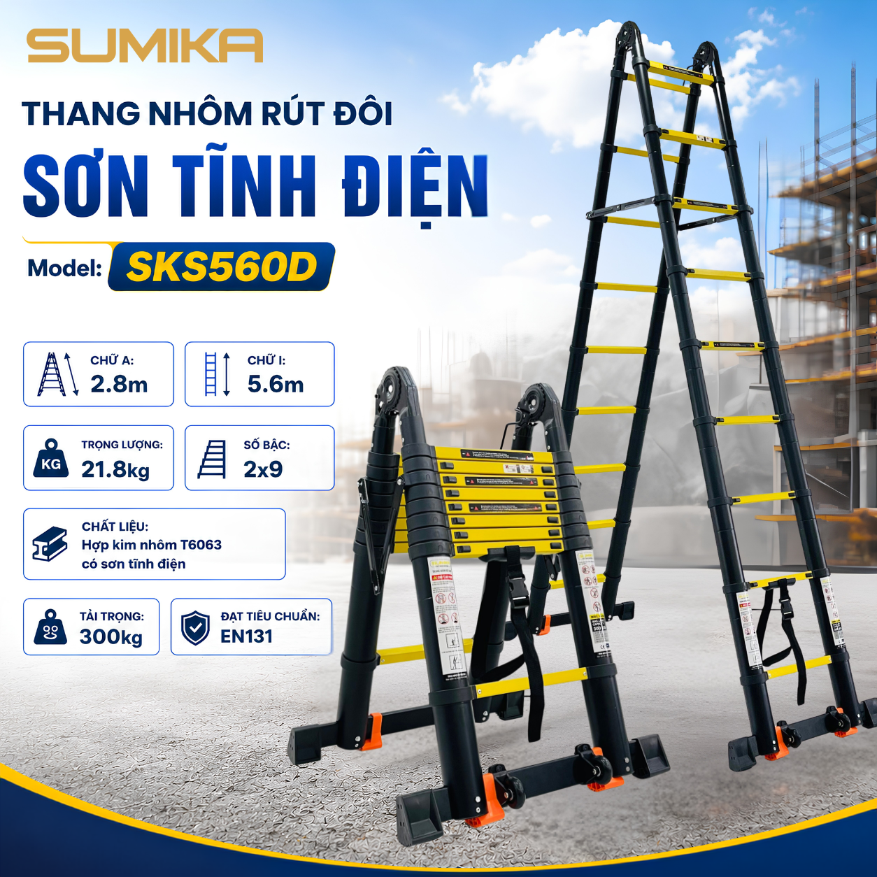 Thang nhôm rút đôi SUMIKA SKS560D, sơn tĩnh điện, chiều cao 2.8m+2.8m