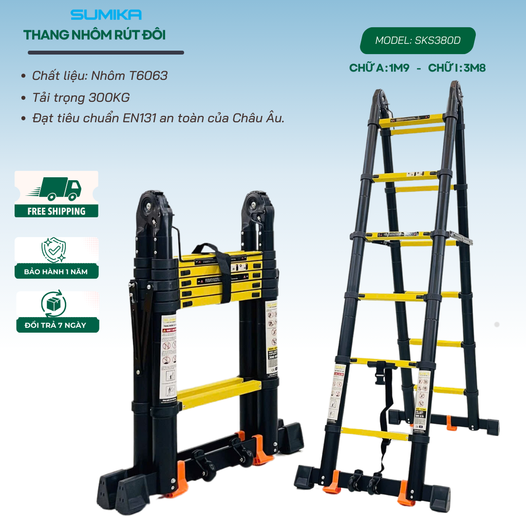 Thang nhôm rút đôi SUMIKA SKS380D, sơn tĩnh điện, chiều cao 1.9m+1.9m