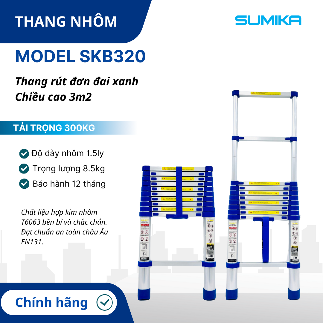 Thang rút nhôm Sumika SKB320, đai xanh, chiều cao 3.2m