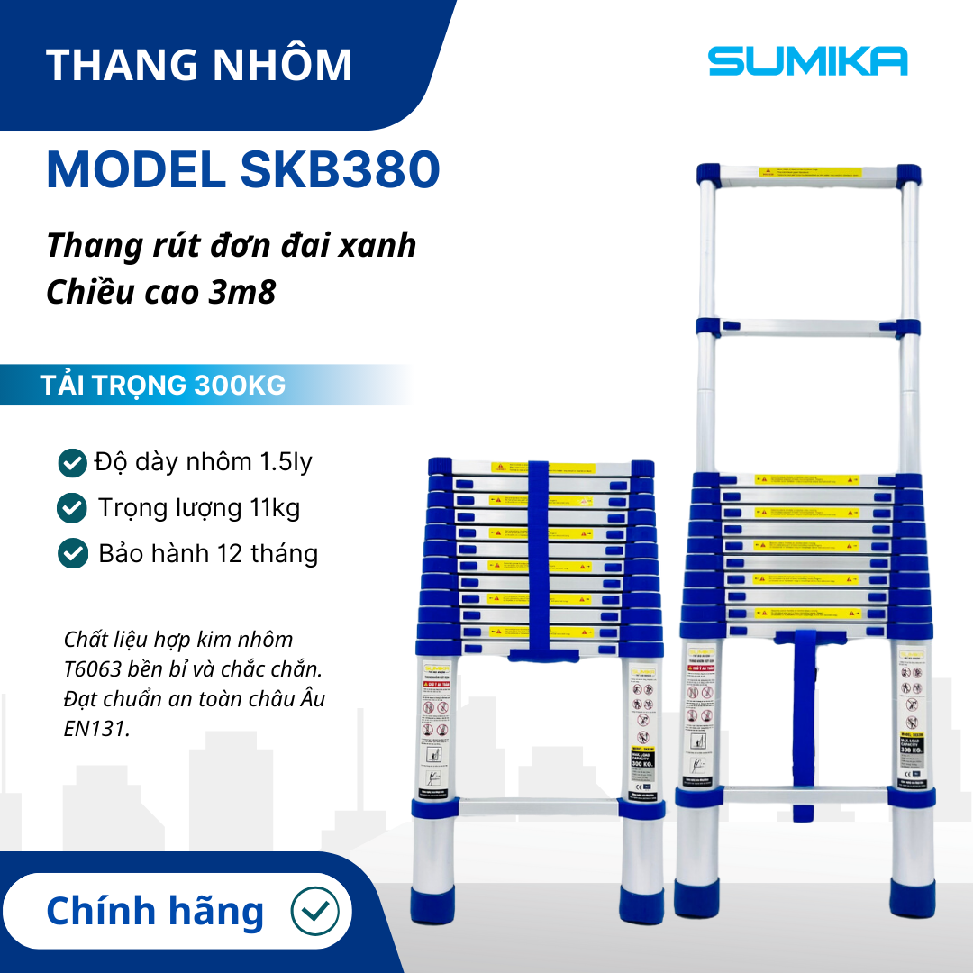 Thang rút nhôm Sumika SKB380, đai xanh, chiều cao 3.8m