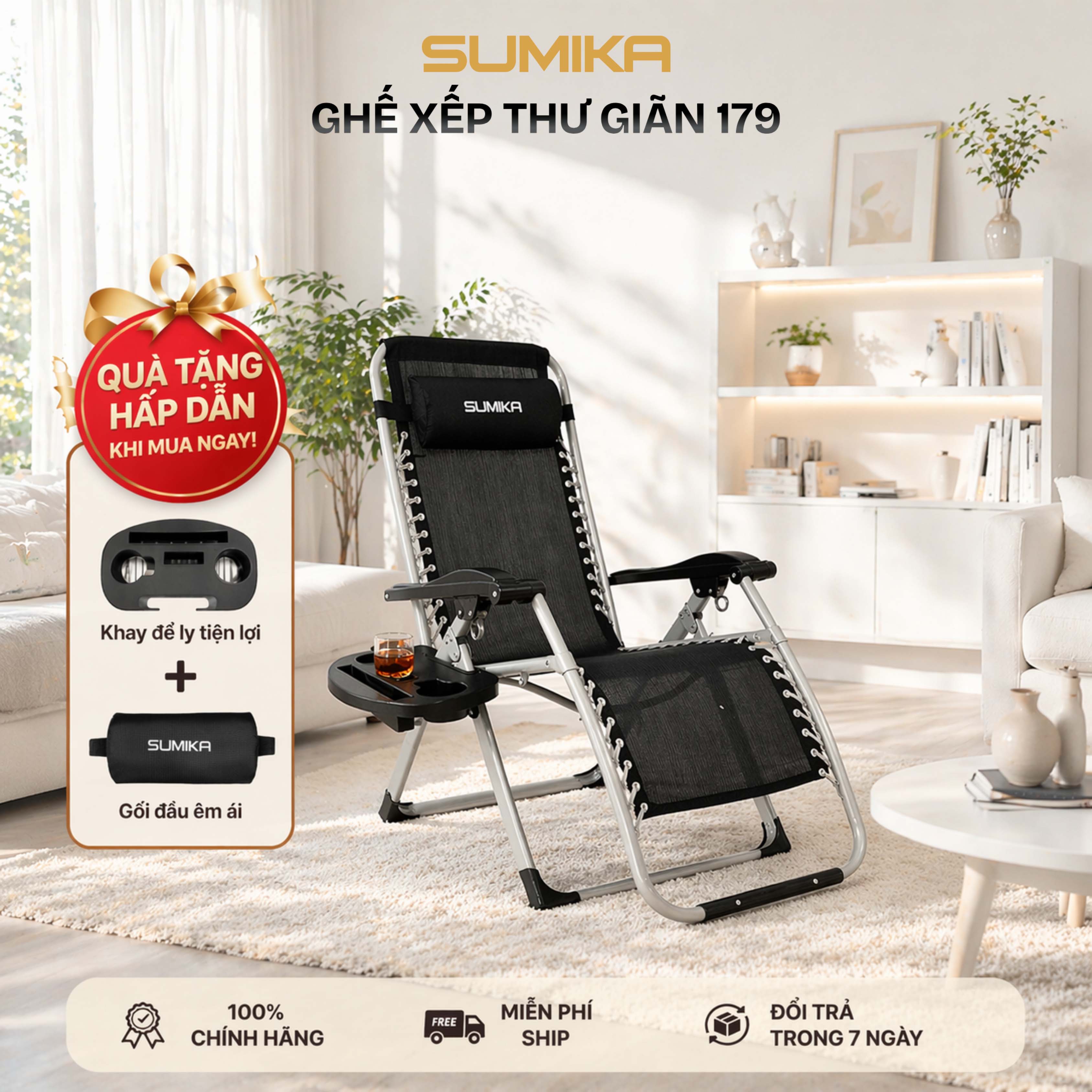 Ghế xếp thư giãn Sumika 179, lưới đen, khung xám