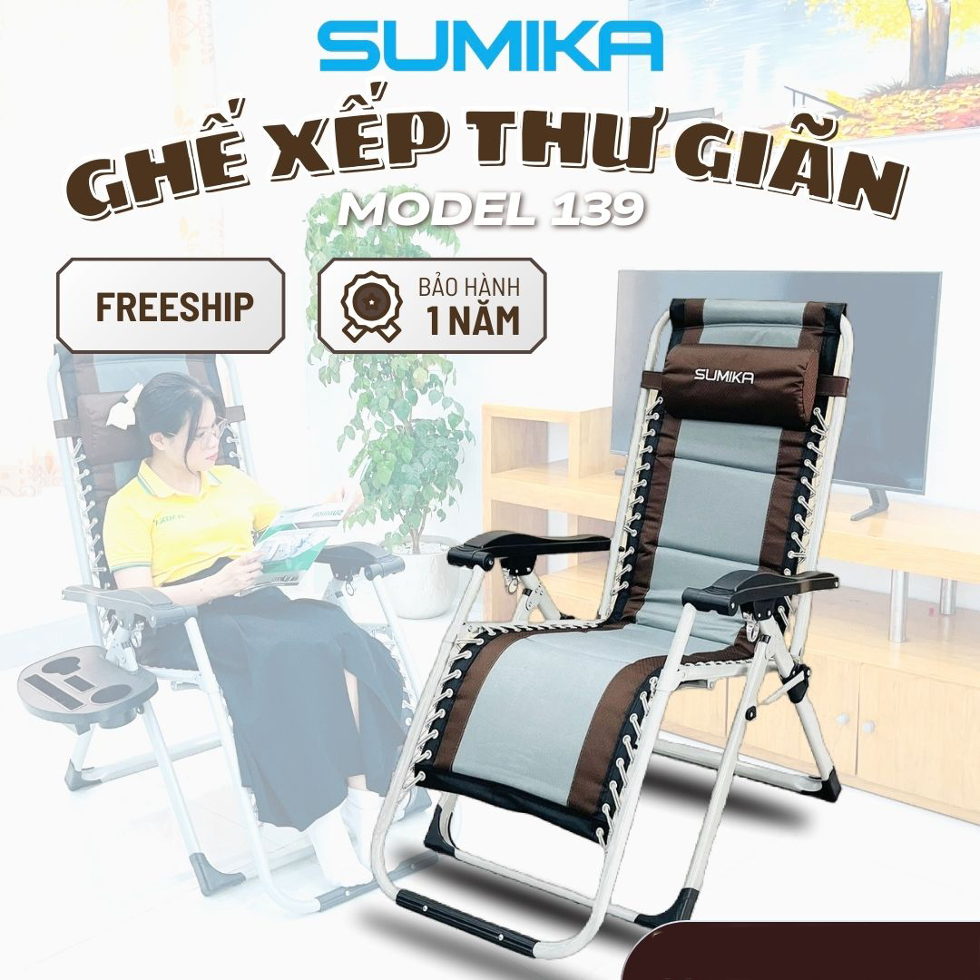 Ghế xếp thư giãn SUMIKA 139, khóa kim loại, tải trọng 300kg, lưới bọc nệm
