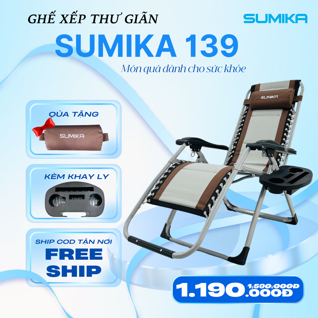 Ghế xếp thư giãn SUMIKA 139, khóa kim loại, tải trọng 300kg, lưới bọc nệm