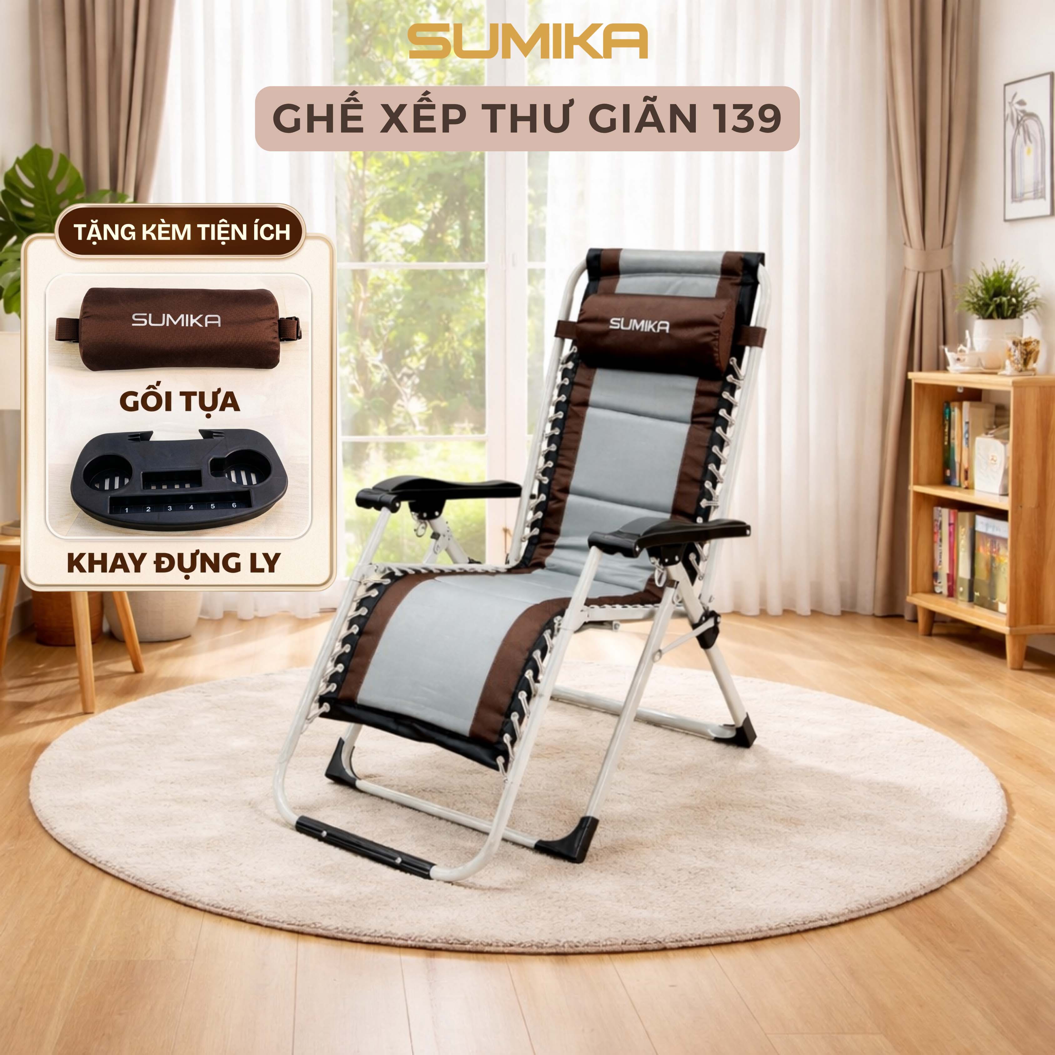 Ghế xếp thư giãn SUMIKA 139, khóa kim loại, tải trọng 300kg, lưới bọc nệm