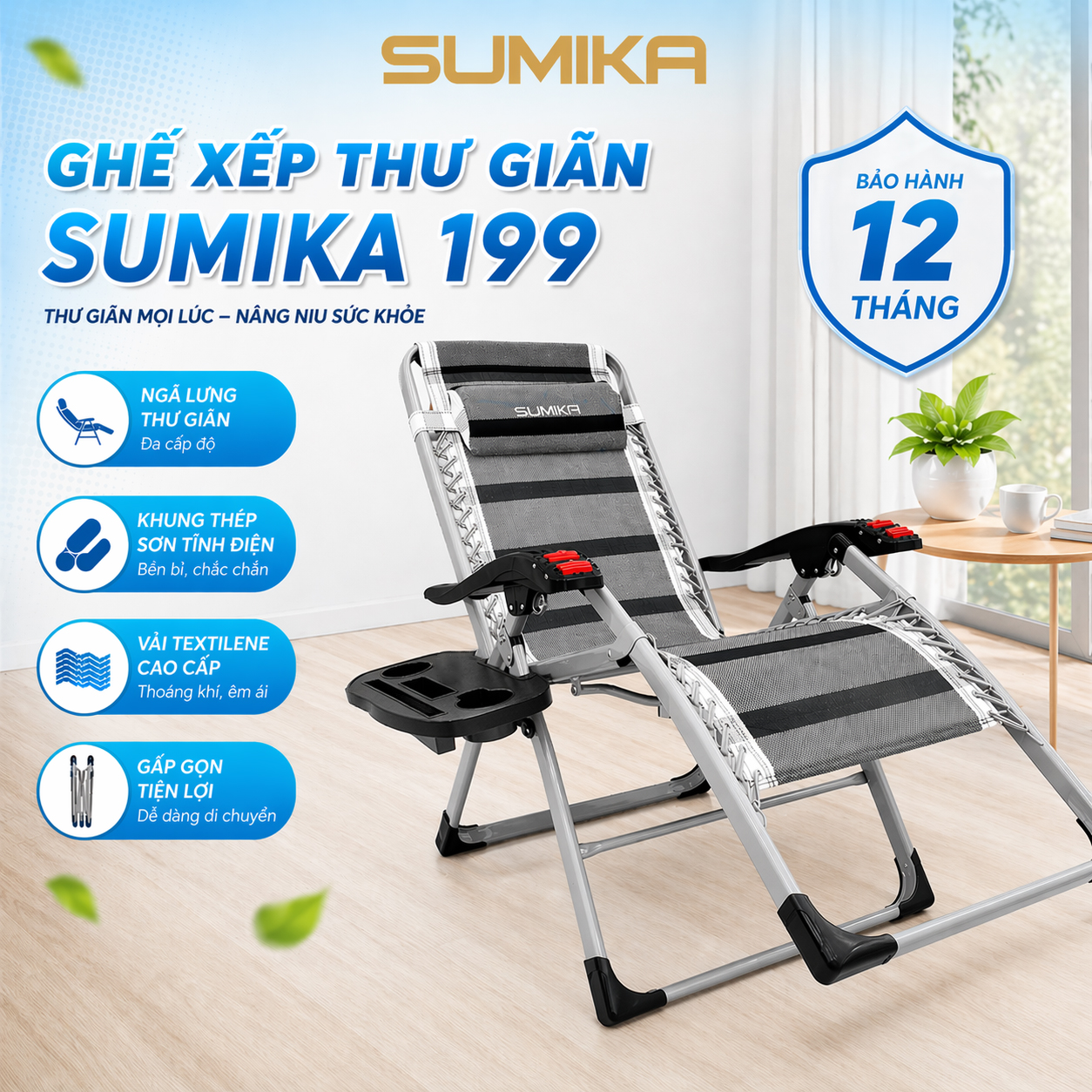 Ghế xếp thư giãn SUMIKA 199, lăn tay massage, khung vuông cao cấp