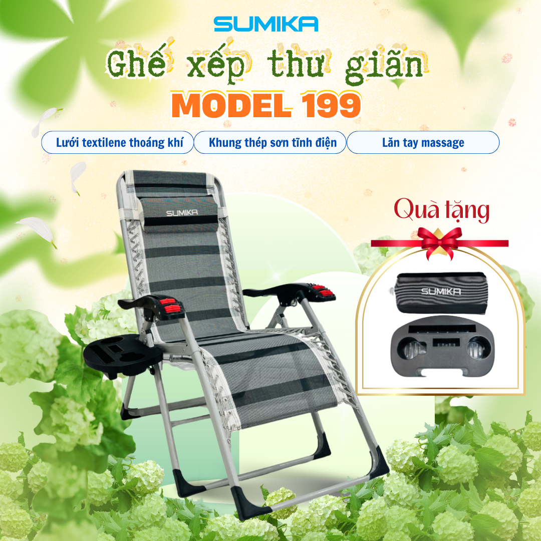 Ghế xếp thư giãn SUMIKA 199, lăn tay massage, khung vuông cao cấp