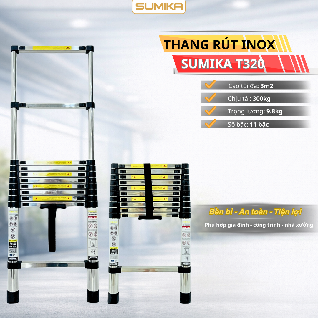 Thang rút inox SUMIKA T320, đai đen, chiều cao 3.2m