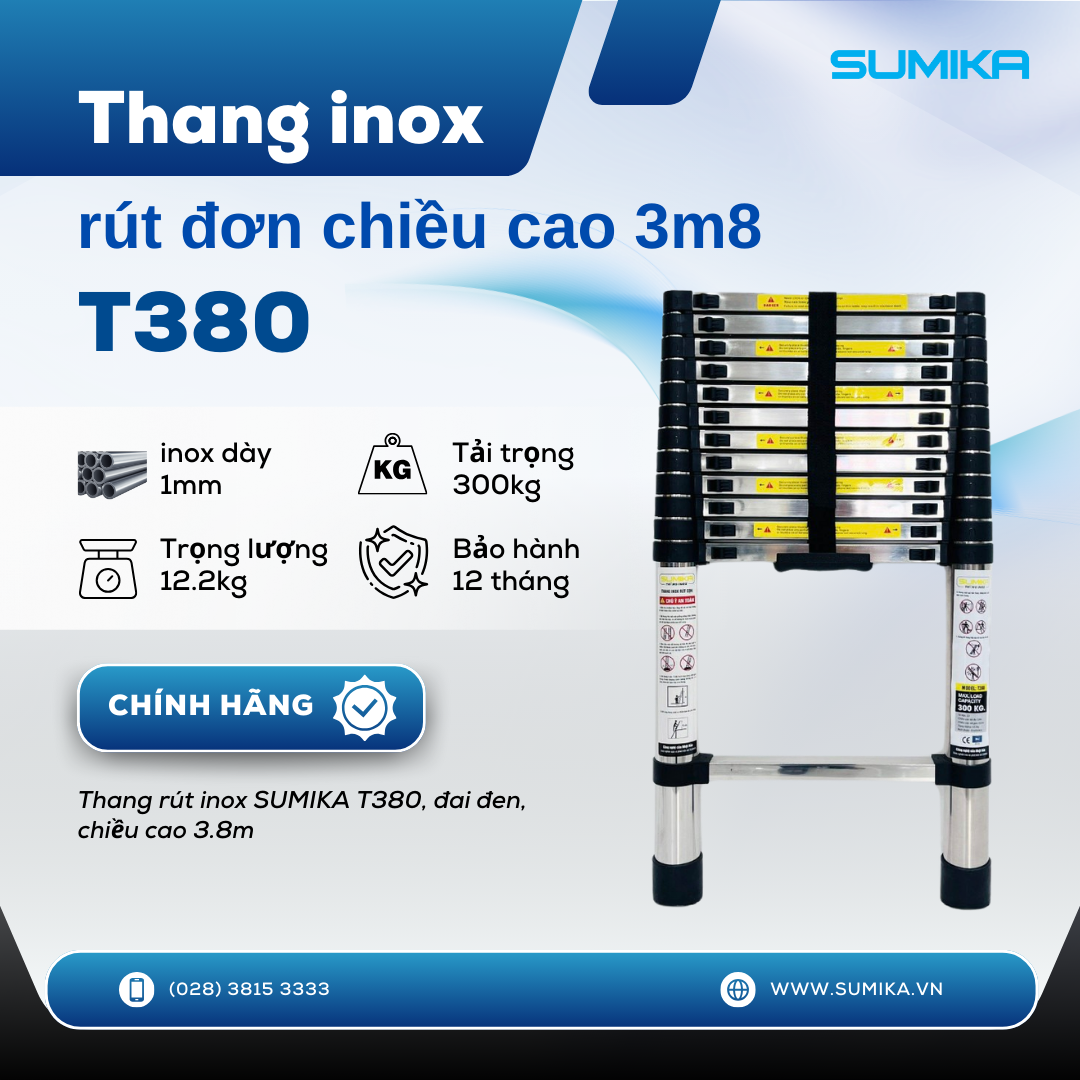 Thang rút inox SUMIKA T380, đai đen, chiều cao 3.8m