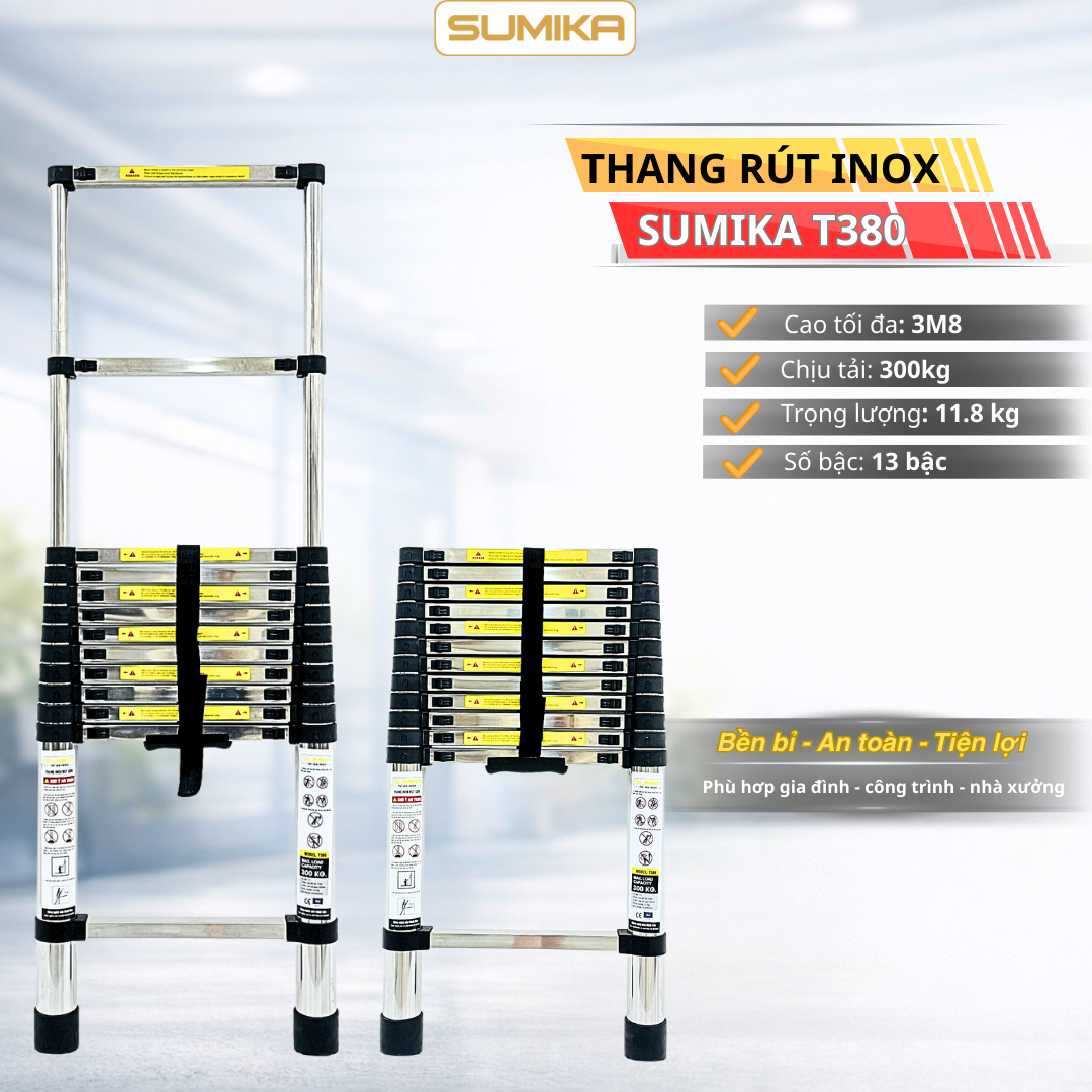 Thang rút inox SUMIKA T380, đai đen, chiều cao 3.8m