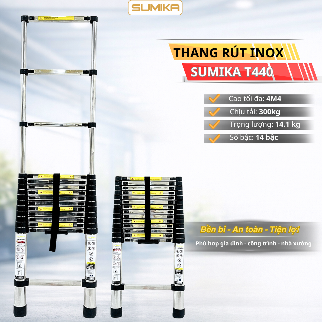 Thang rút inox SUMIKA T440, đai đen, chiều cao 4.4m