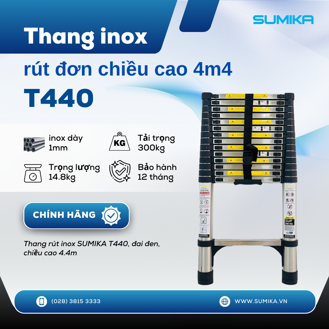 Thang rút inox SUMIKA T440, đai đen, chiều cao 4.4m