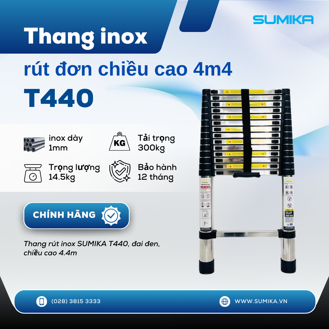 Thang rút inox SUMIKA T440, đai đen, chiều cao 4.4m