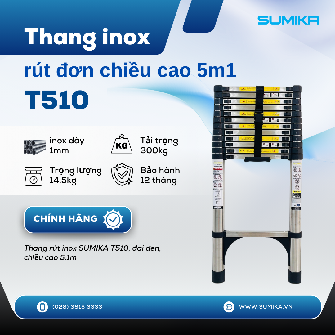 Thang rút inox SUMIKA T510, đai đen, chiều cao 5.1m