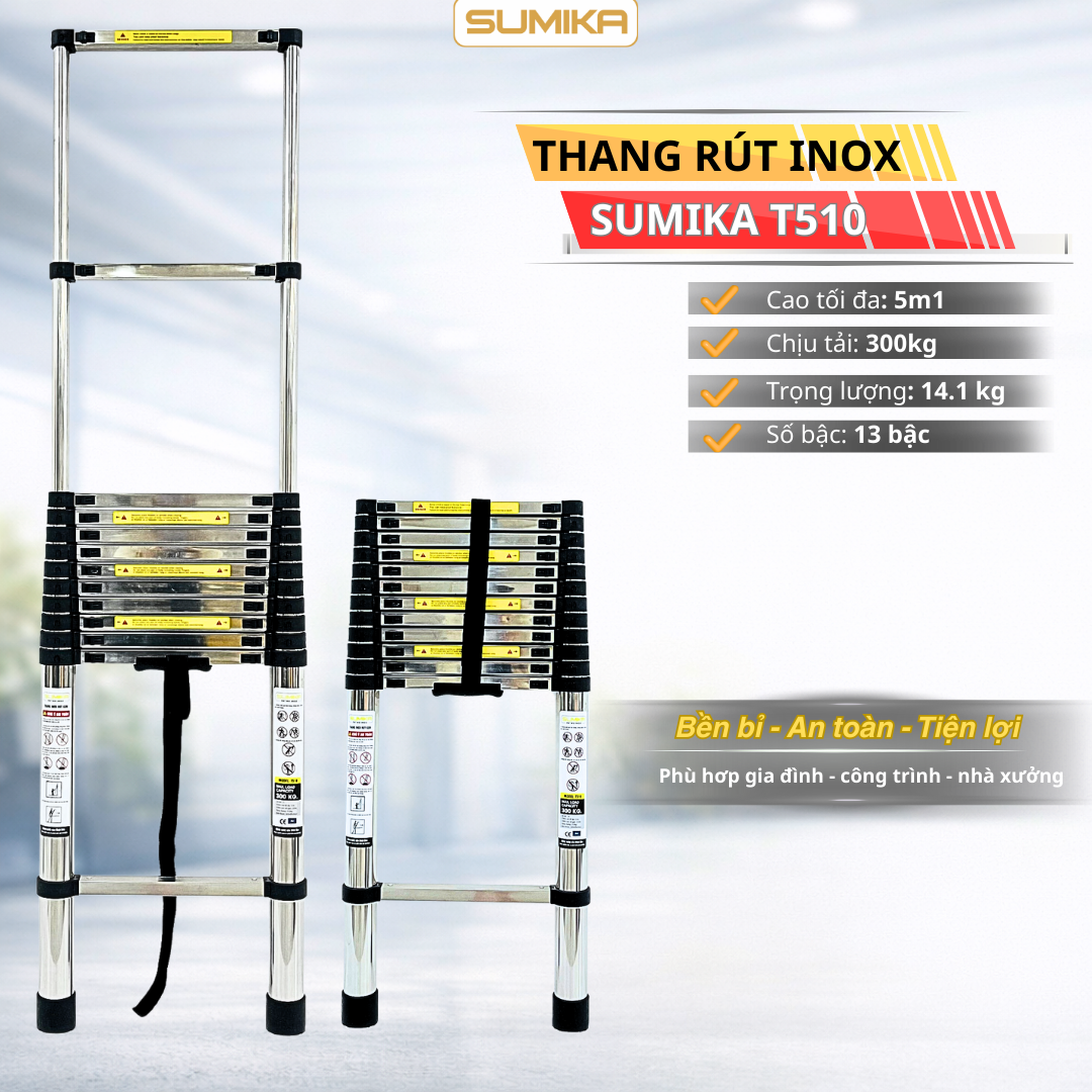 Thang rút inox SUMIKA T510, đai đen, chiều cao 5.1m
