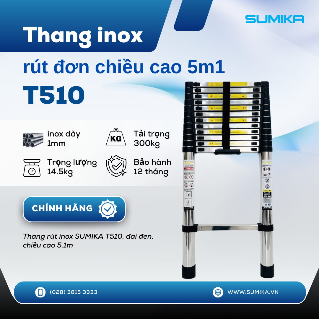 Thang rút inox SUMIKA T510, đai đen, chiều cao 5.1m