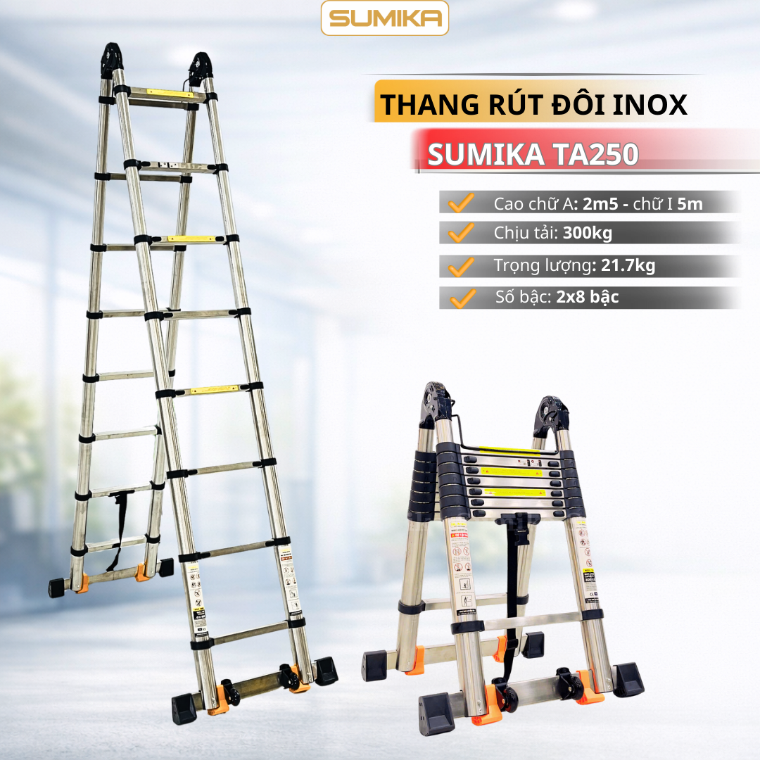 Thang Inox rút chữ A SUMIKA TA250, chiều cao 2.5m+2.5m
