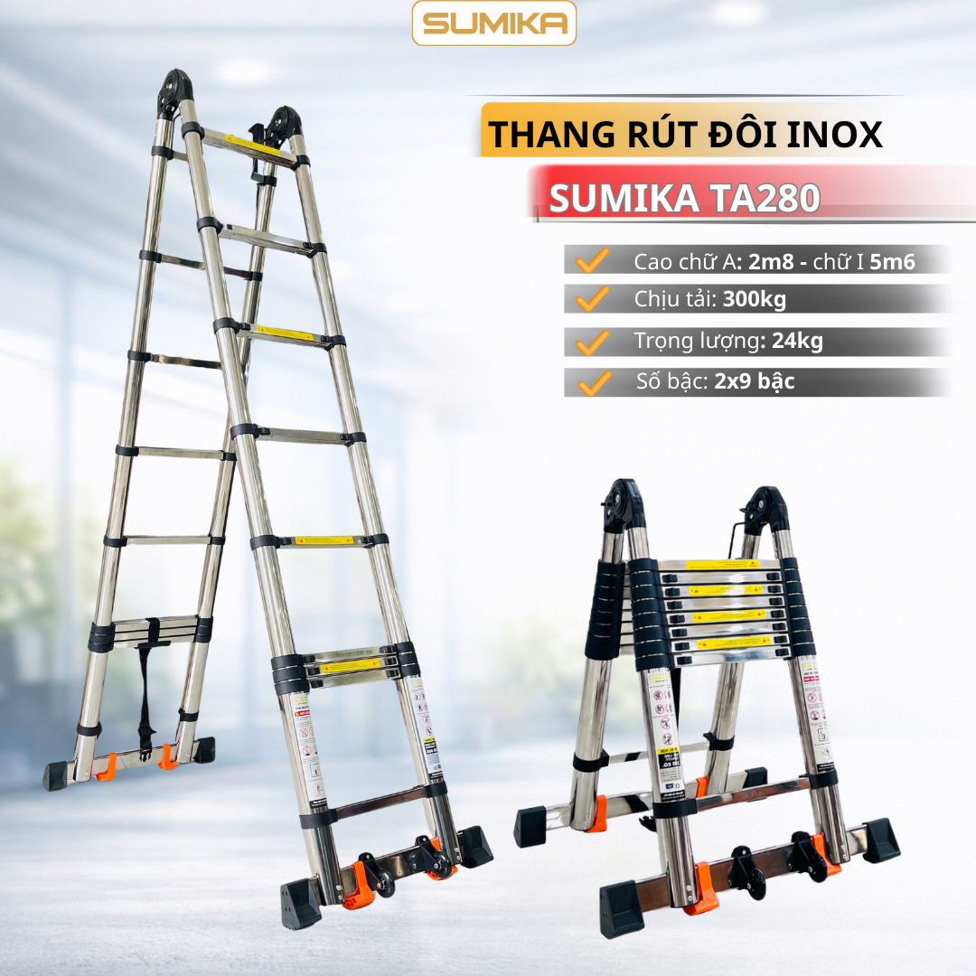 Thang Inox rút chữ A SUMIKA TA280, chiều cao 2.8m+2.8m