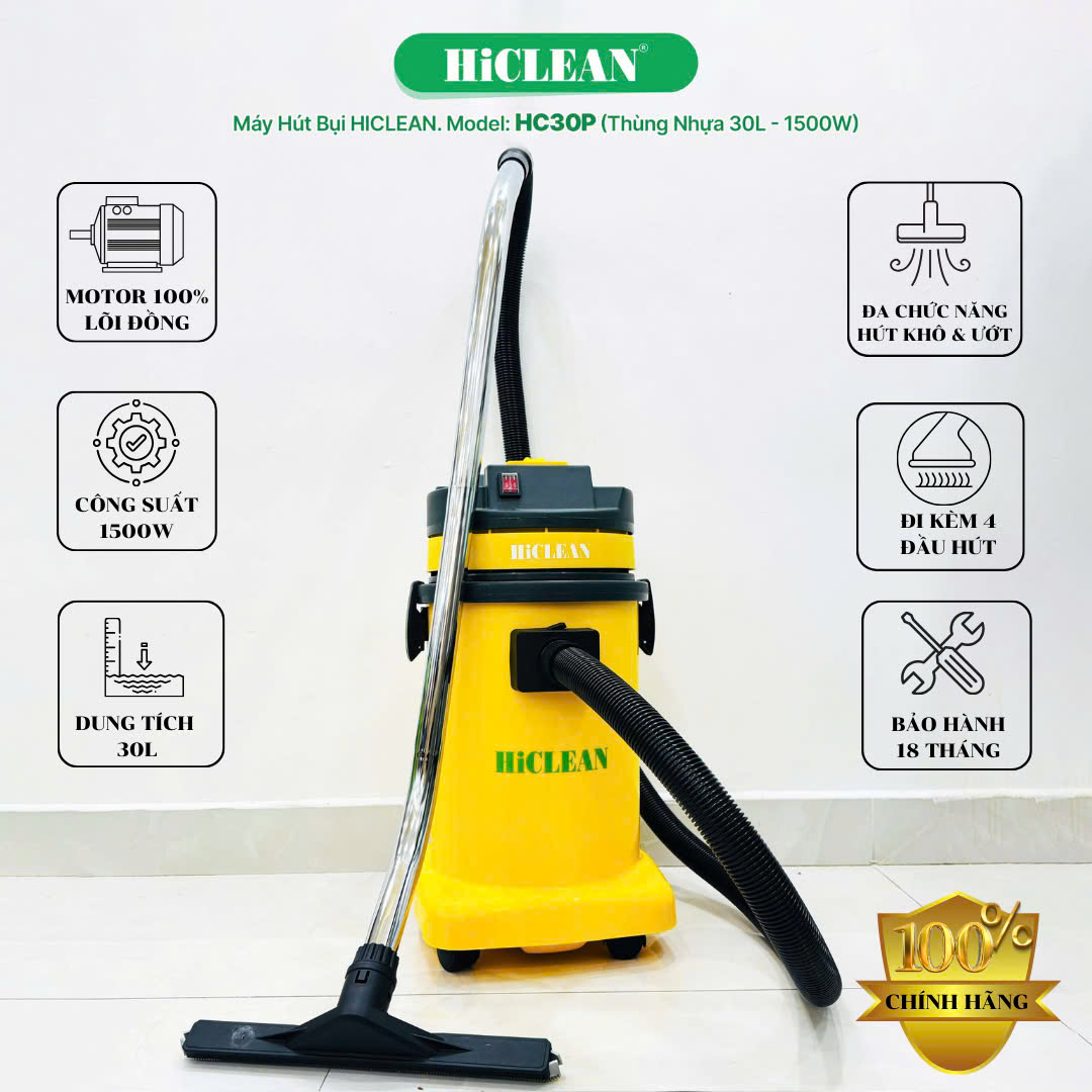 Máy hút bụi văn phòng HiClean HC30P, công suất 1500W, thùng chứa 30L