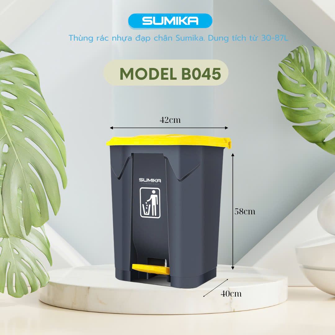 Thùng rác nhựa gia đình SUMIKA B045, dung tích 45L (Grey-Yellow)