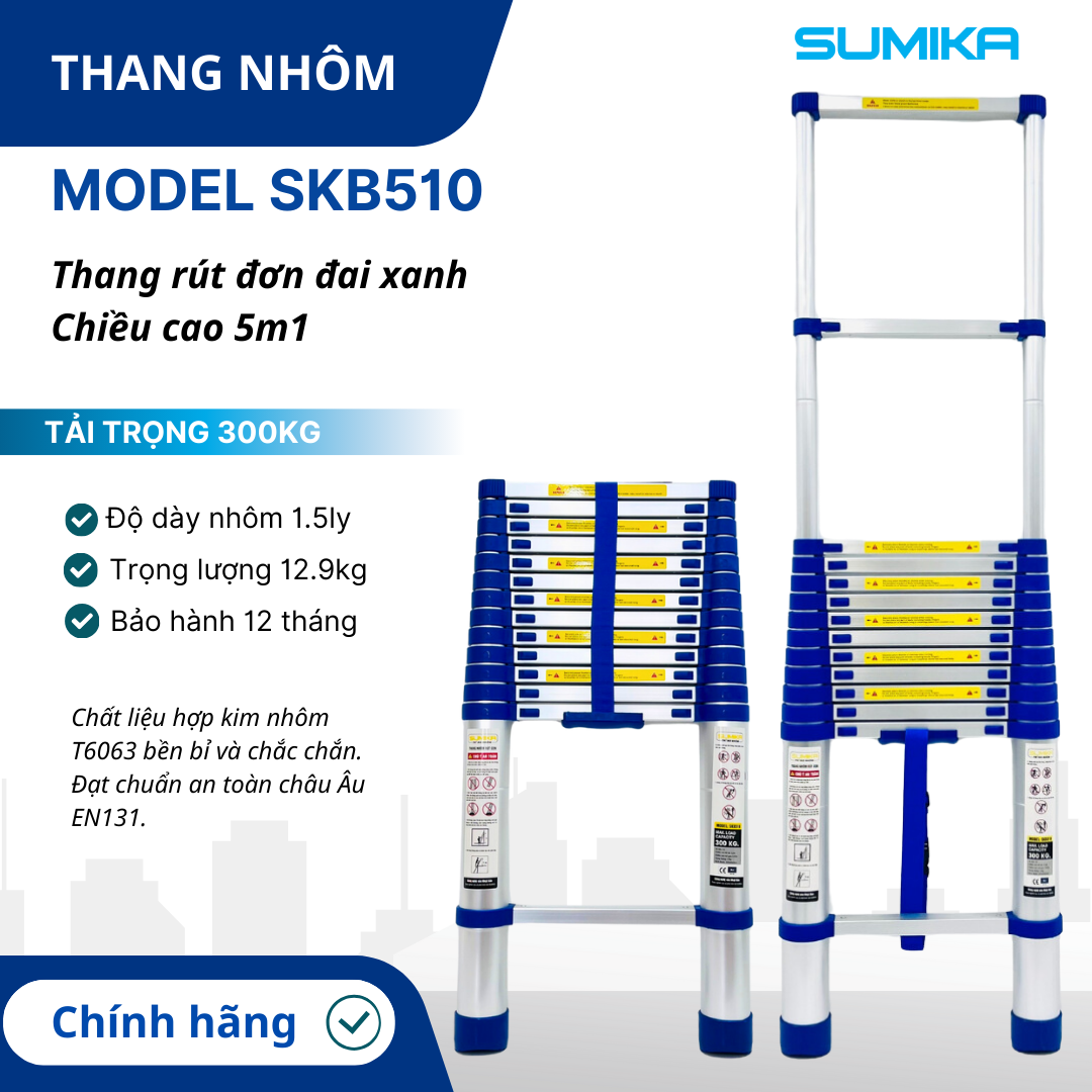 Thang nhôm rút Sumika SKB510, đai xanh, chiều cao 5.1m