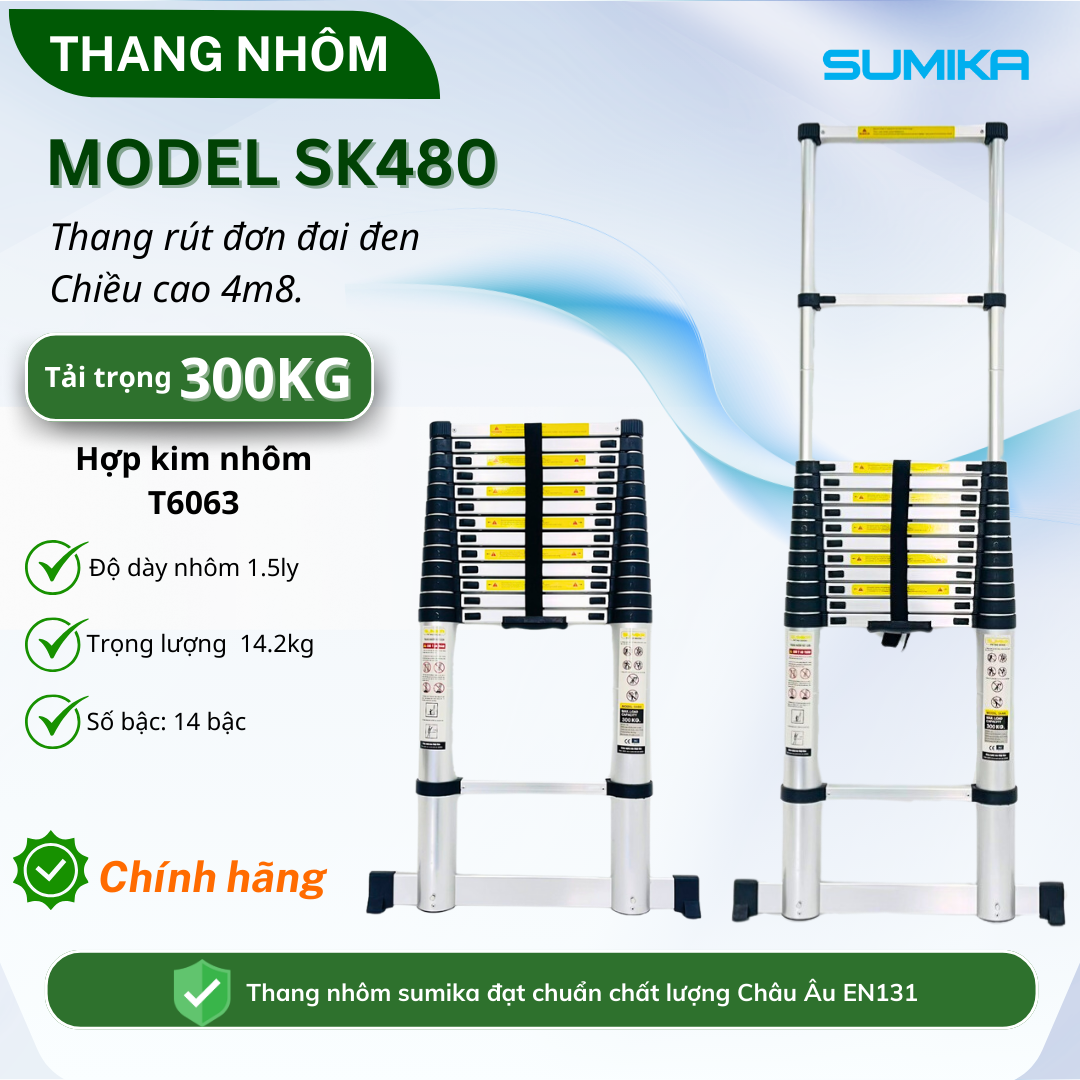 Thang nhôm rút đơn SUMIKA SK480, chiều cao 4.8m, có chân ngang