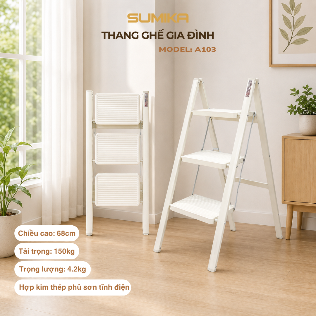 Thang ghế 3 bậc SUMIKA A103 (White), chiều cao 68cm