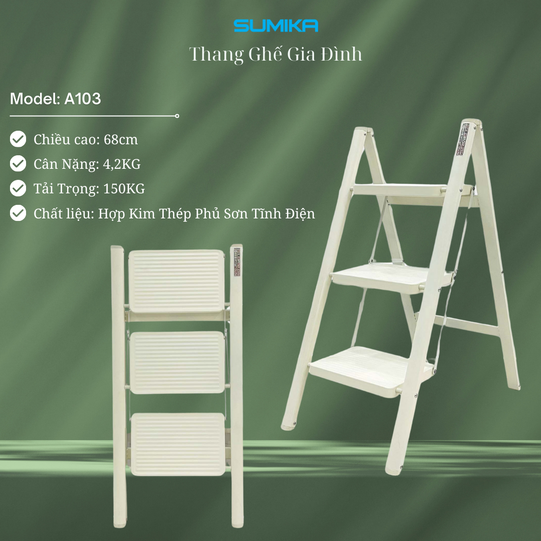 Thang ghế 3 bậc SUMIKA A103 (White), chiều cao 68cm