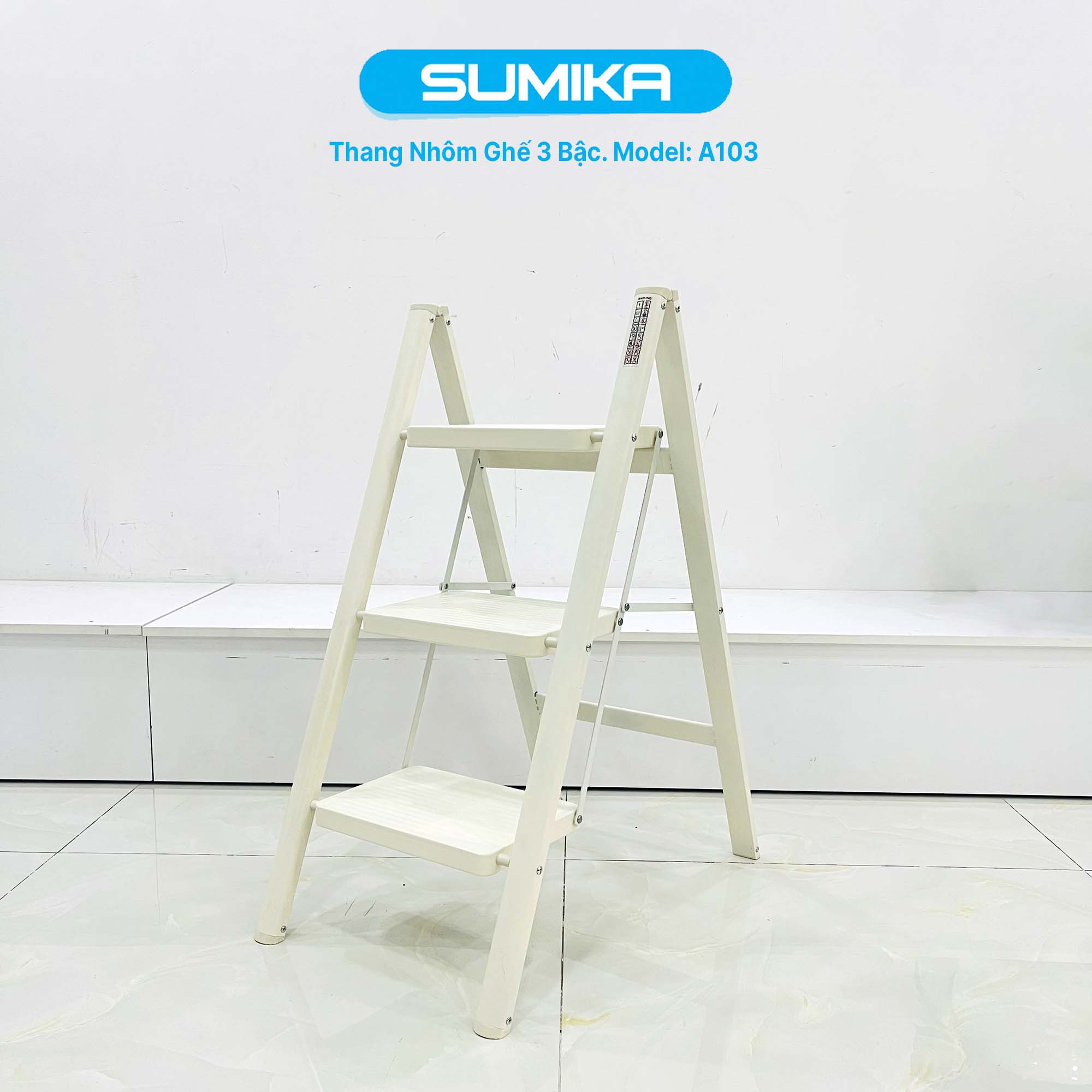 Thang nhôm ghế 3 bậc SUMIKA A103 (White), chiều cao 68cm