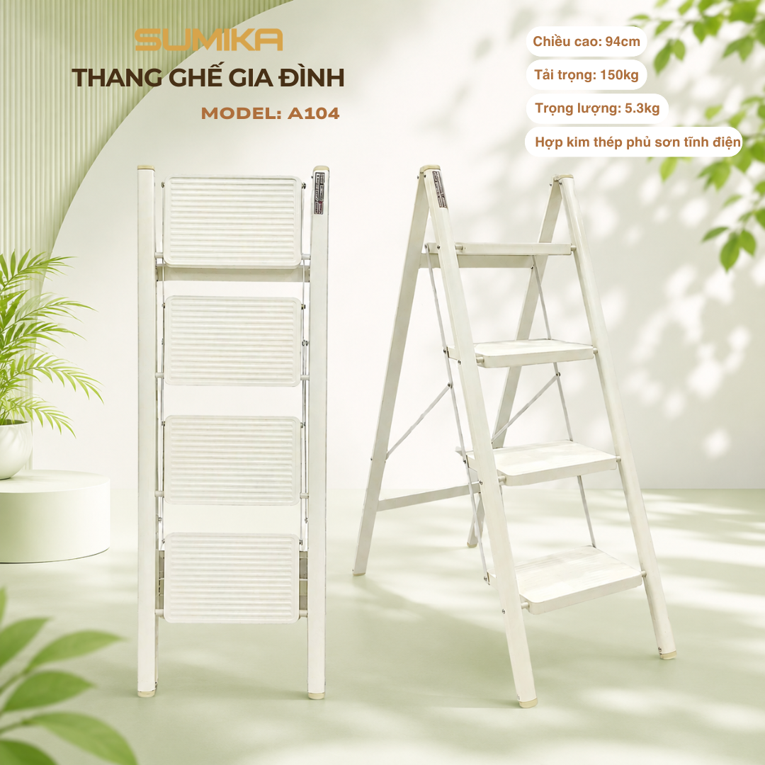 Thang ghế 4 bậc SUMIKA A104 (White), chiều cao 94cm