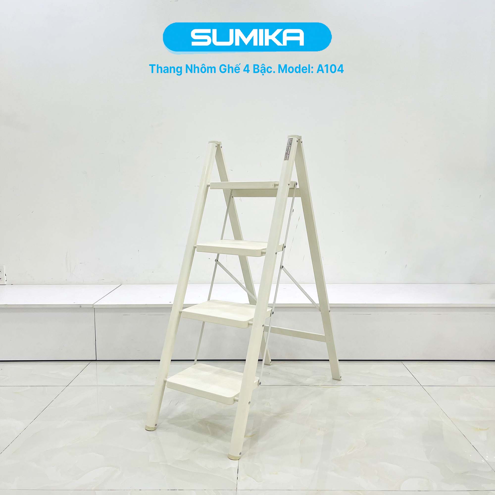 Thang nhôm ghế 4 bậc SUMIKA A104 (White), chiều cao 94cm
