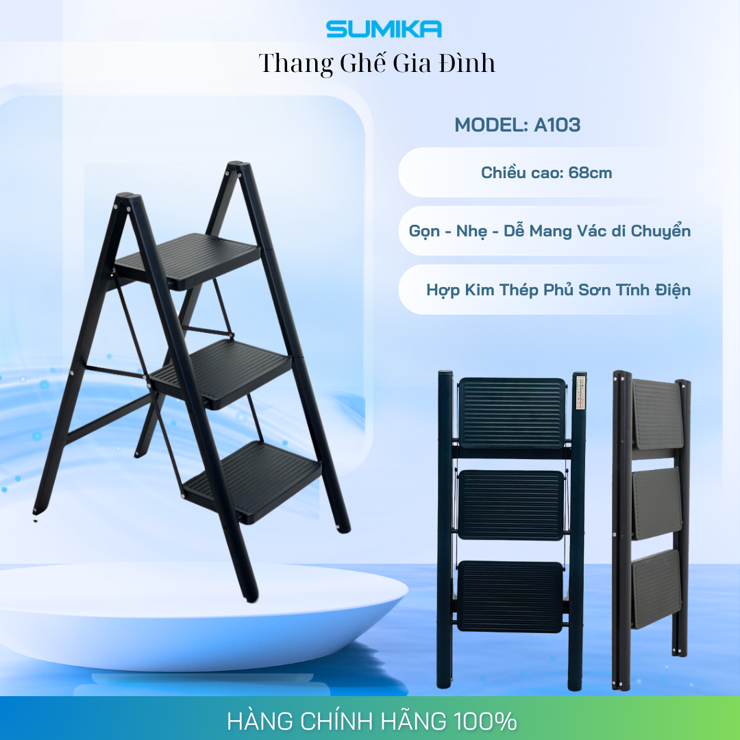 Thang ghế 3 bậc SUMIKA A103 (Black), chiều cao 68cm