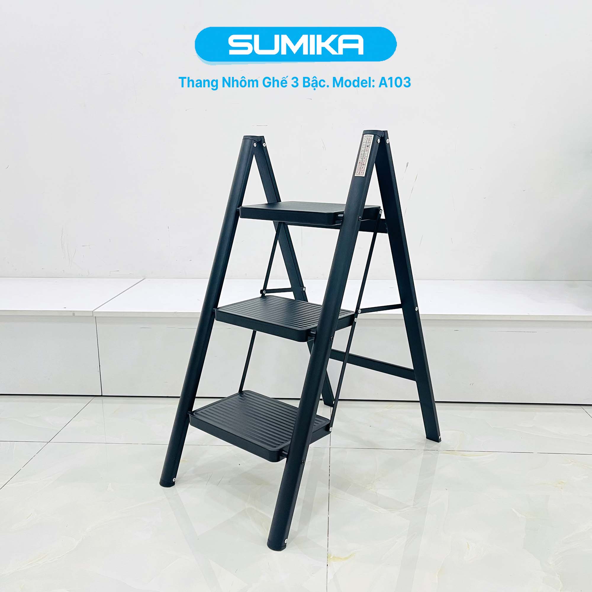 Thang nhôm ghế 3 bậc SUMIKA A103 (Black), chiều cao 68cm