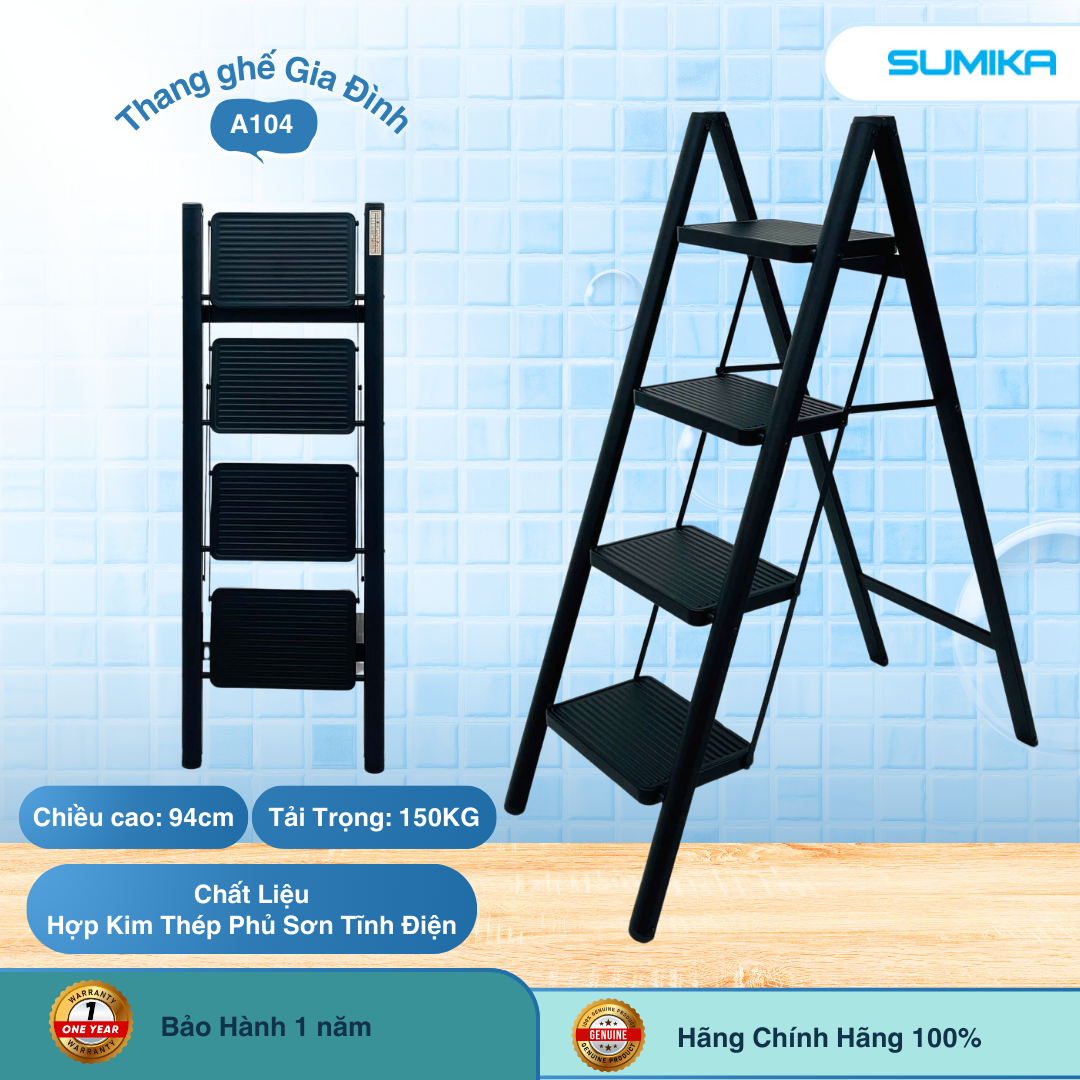 Thang ghế 4 bậc SUMIKA A104 (Black), chiều cao 94cm