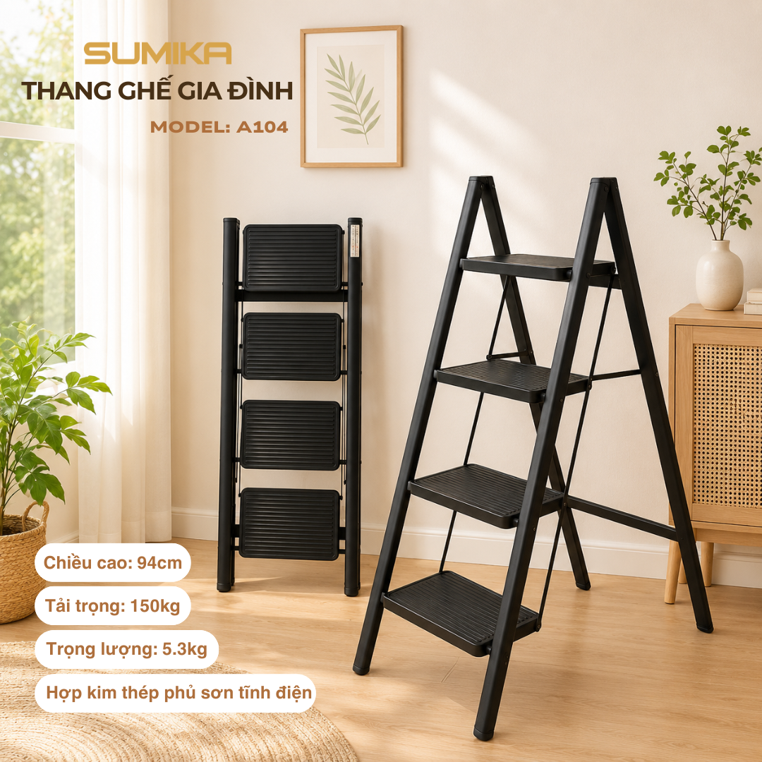 Thang ghế 4 bậc SUMIKA A104 (Black), chiều cao 94cm